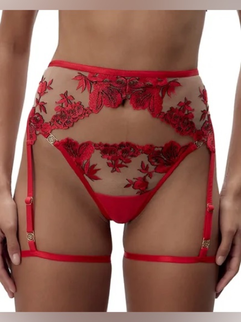 Honey Birdette Crimson Velvet Suspender Strap with Gold Hardware
